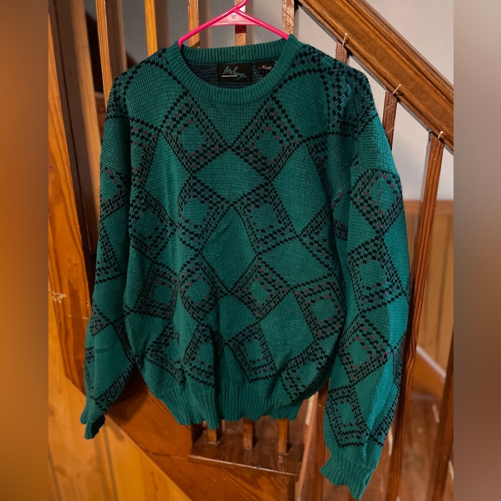 Melange Blue Green Crew Neck Sweater with Geometric Pattern Men’s L Acrylic